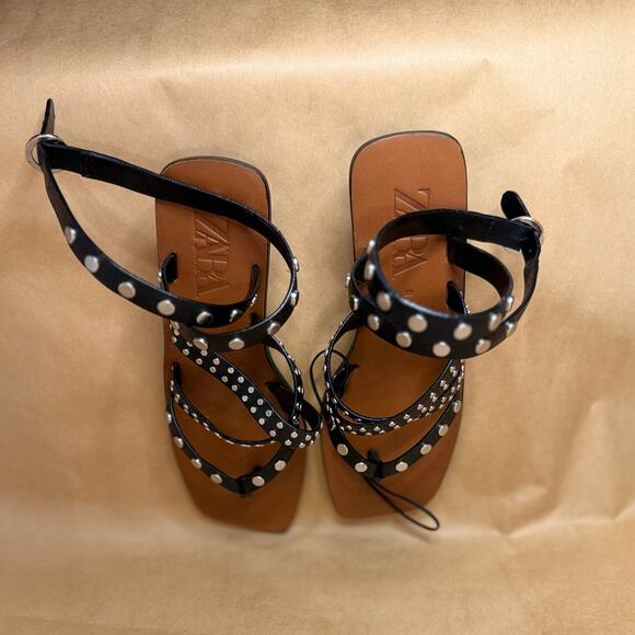 BNWT Zara Studded Genuine Leather Heeled Sandals SZ EU 37 - Picture 4 of 7